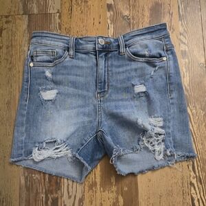 Judy Blue ~ Mid-Rise Rainbow Paint Splash‎ Cutoff Shorts Womens Size Medium